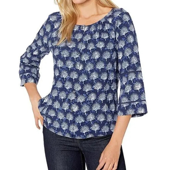 Tommy Bahama Fan Fair 3/4 Sleeve Rayon Blouse in Island Navy - Size Large - Picture 1 of 7